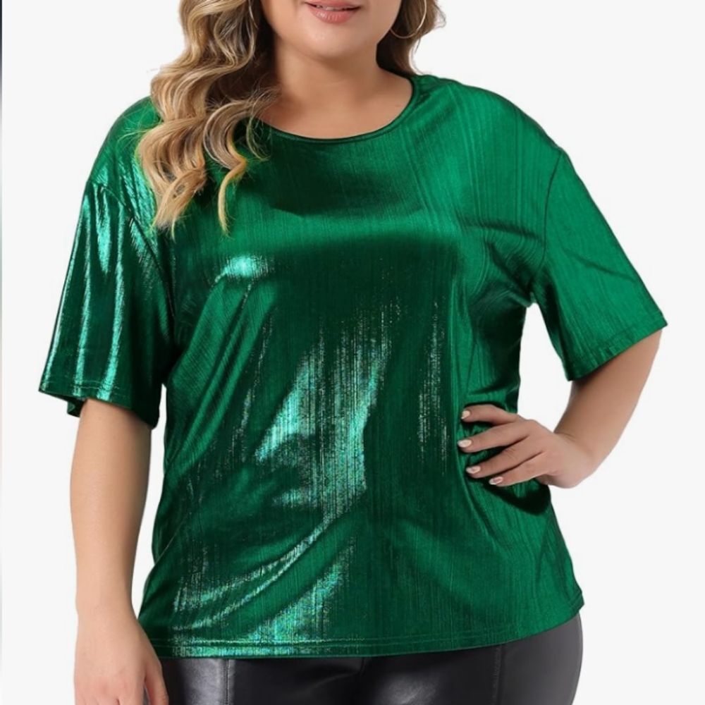 Agnes Orinda Gren Metalic Round Neck Short Sleeve T-Shirt Size 2X NWT